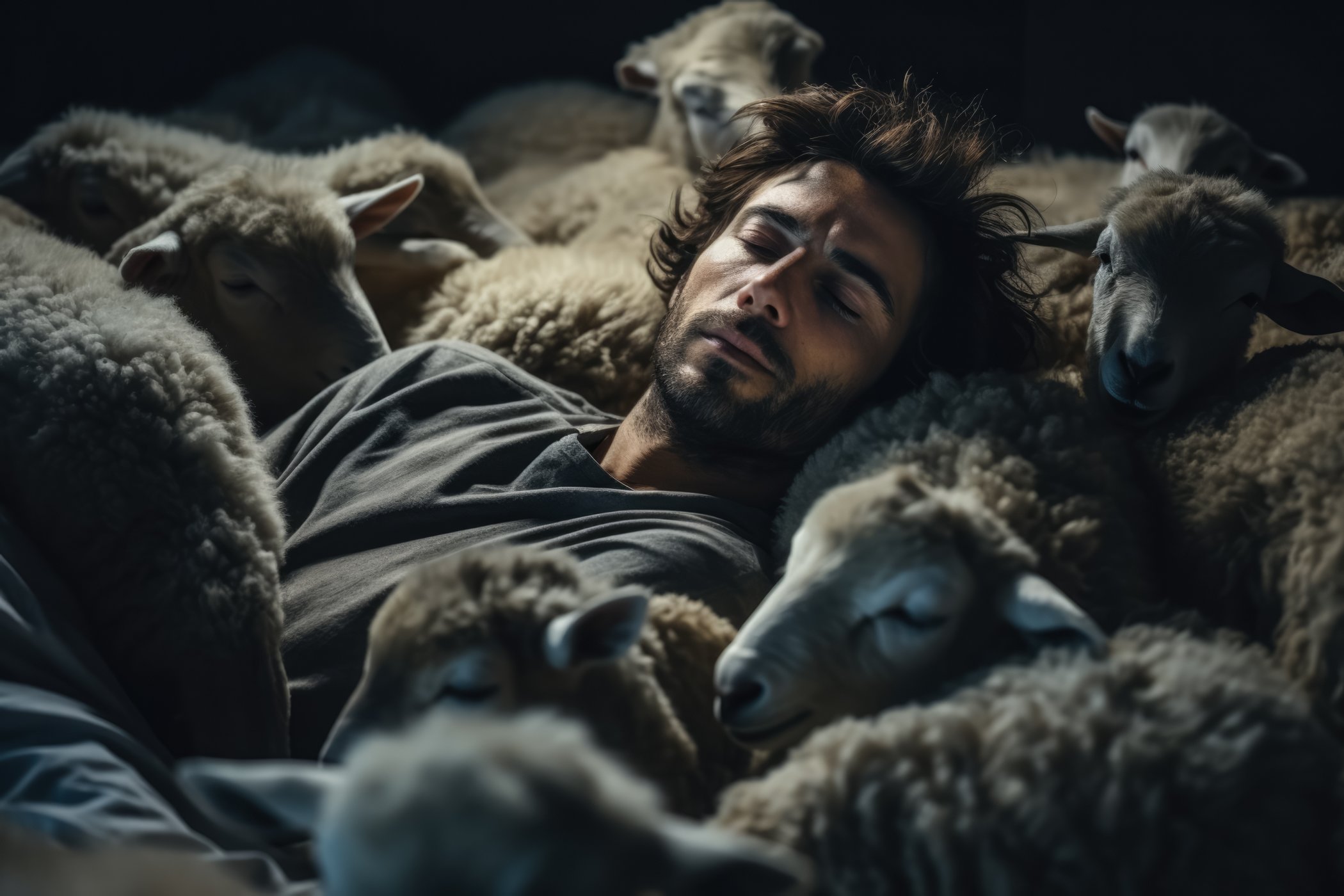 Sleeping man among sheep