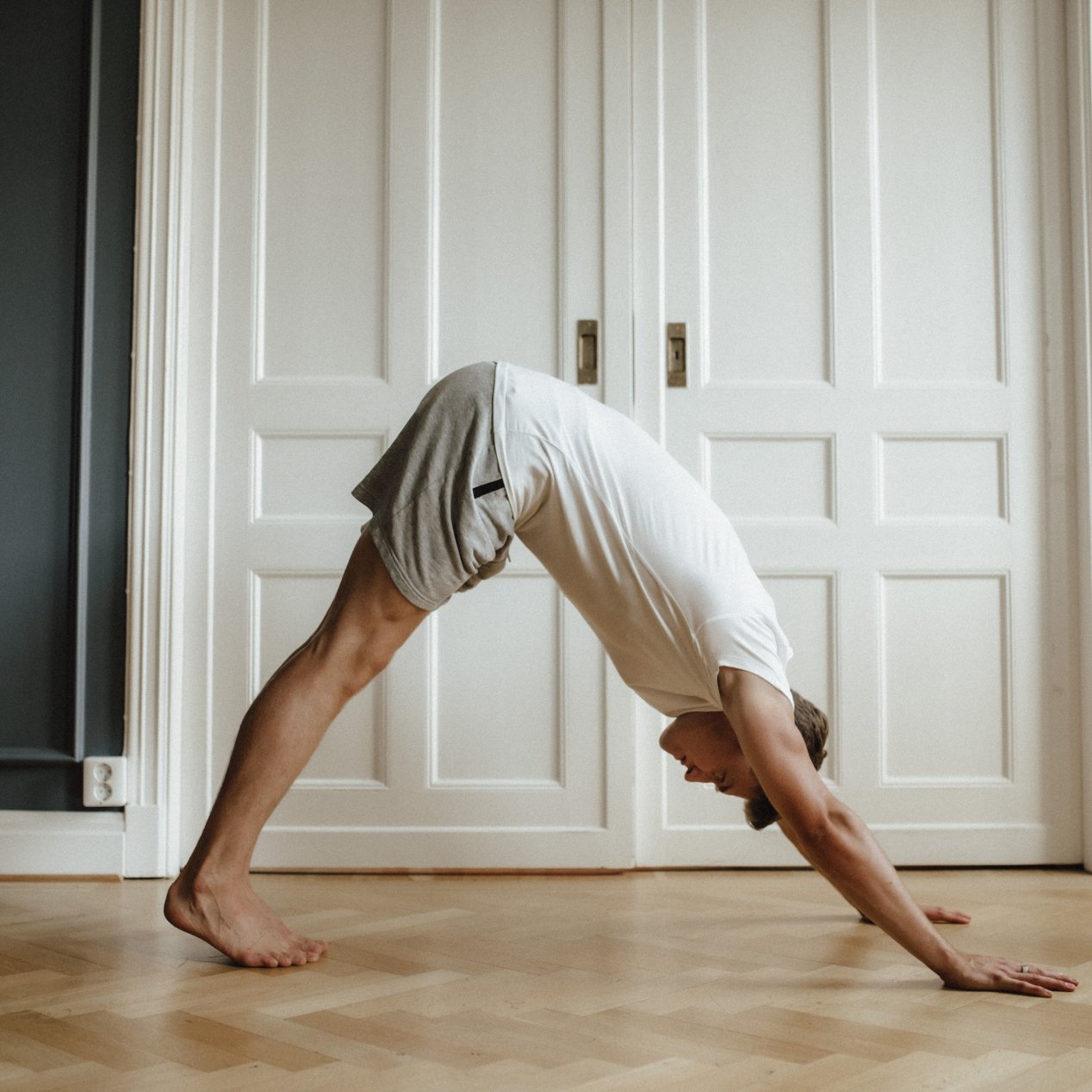 Downward-Facing Dog: Focus on the back of your body. Open and lengthen your upper body, and intensely stretch the backs of your legs.