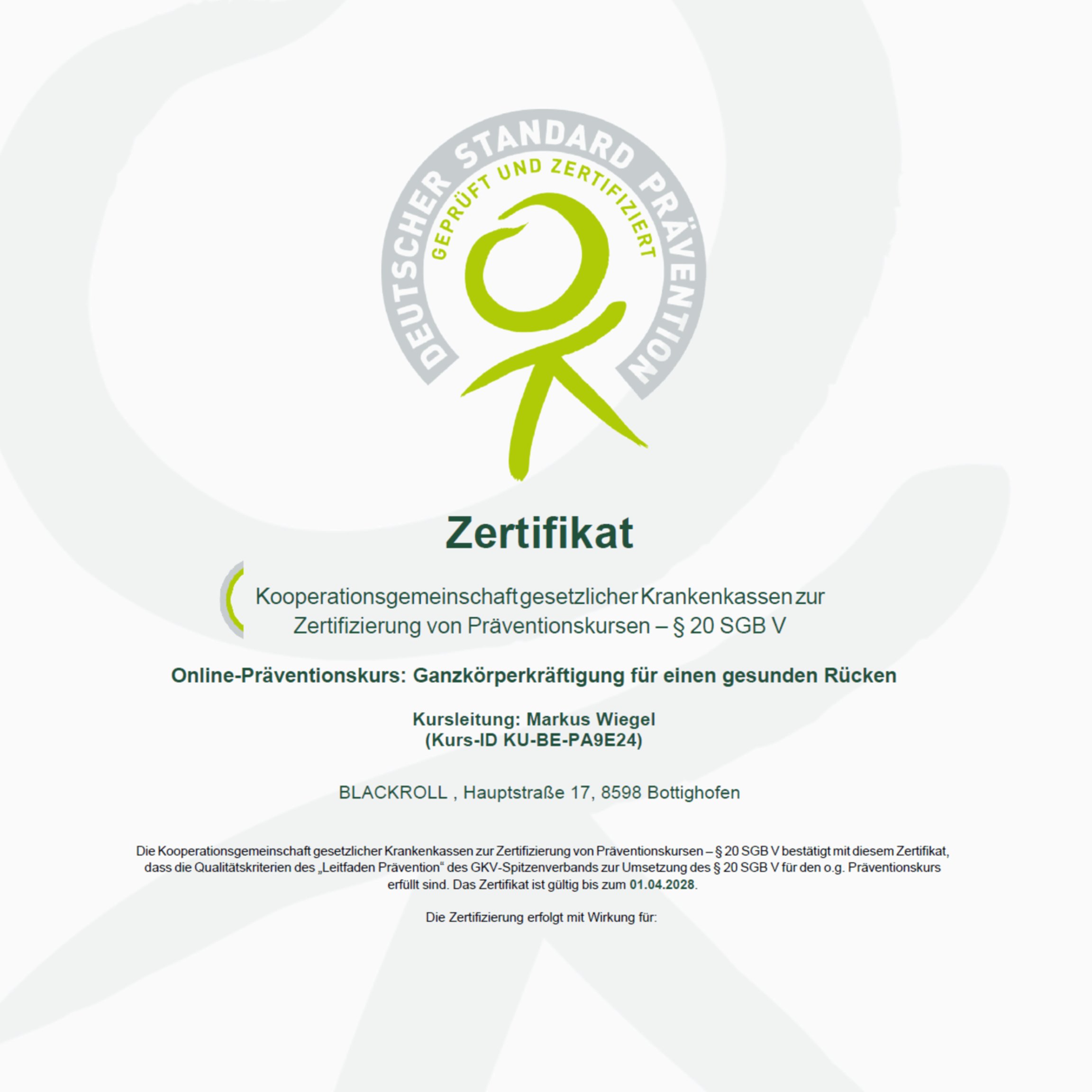 Zertifikat Präventionskurs