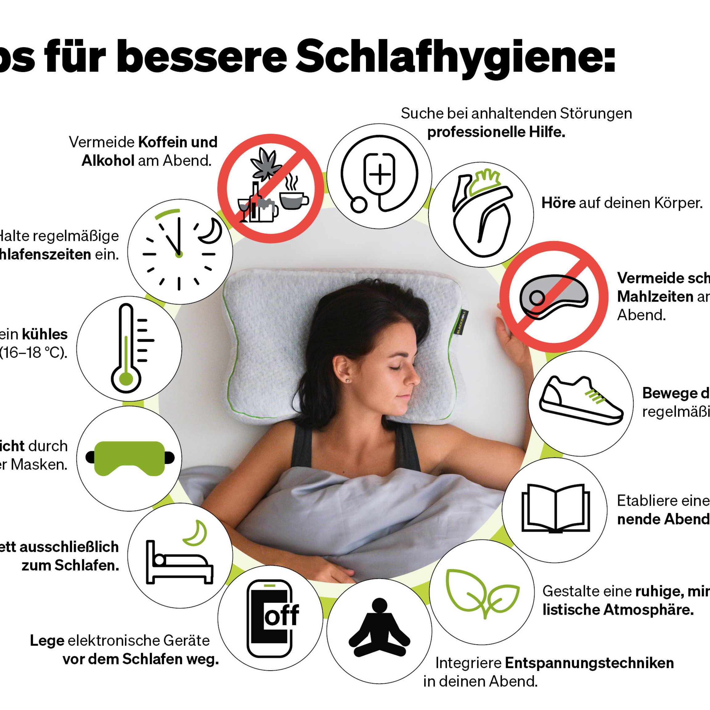 Eine Frau liegt im Bett mit einem Schild, das 13 Tipps für eine bessere Schlafhygiene zeigt.