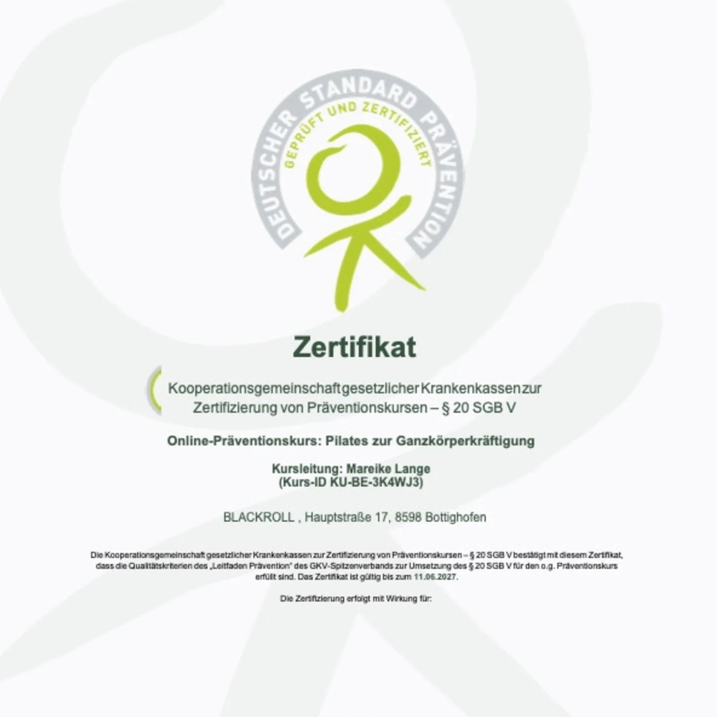 Zertifikat Präventionskurs