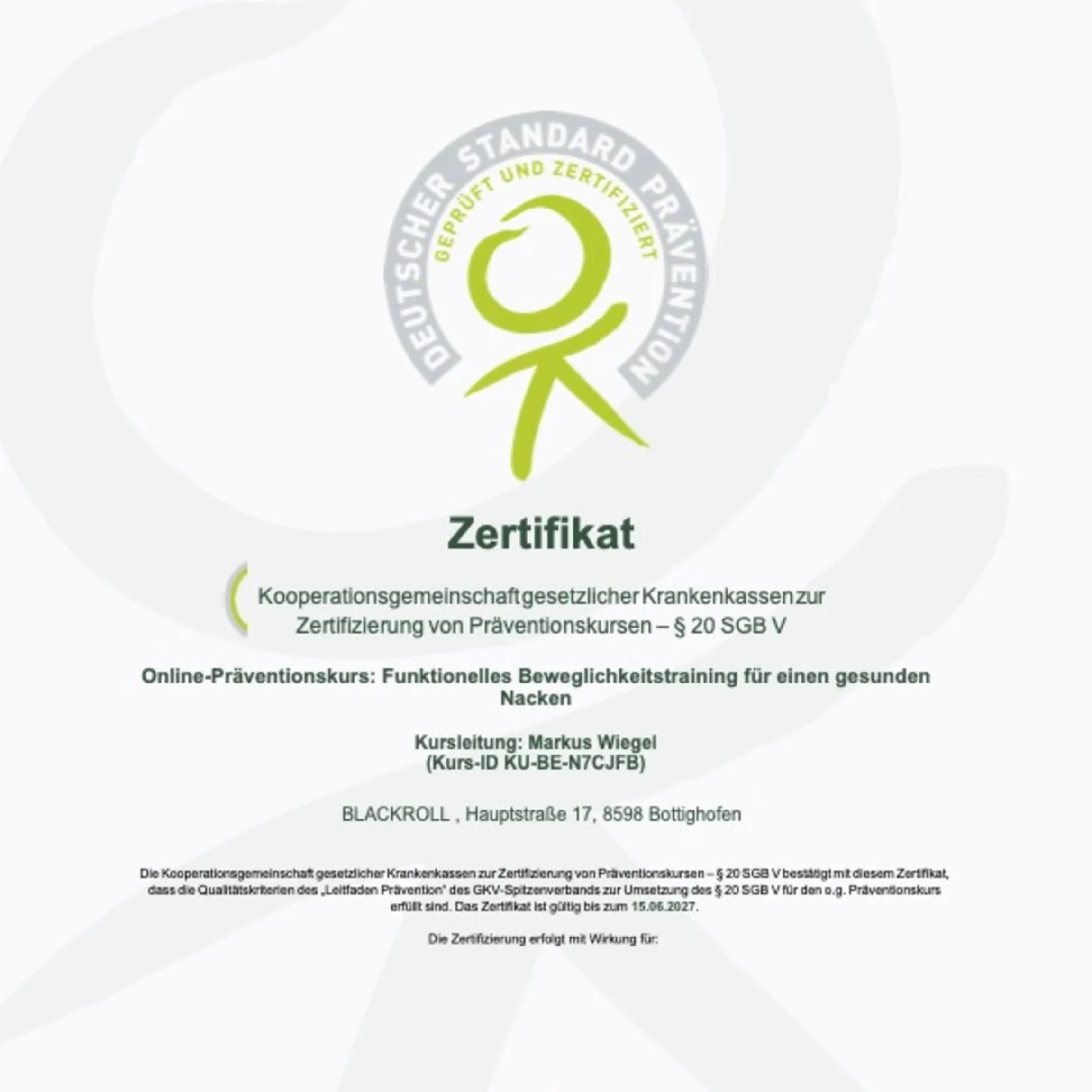 Prevention Course Certificate