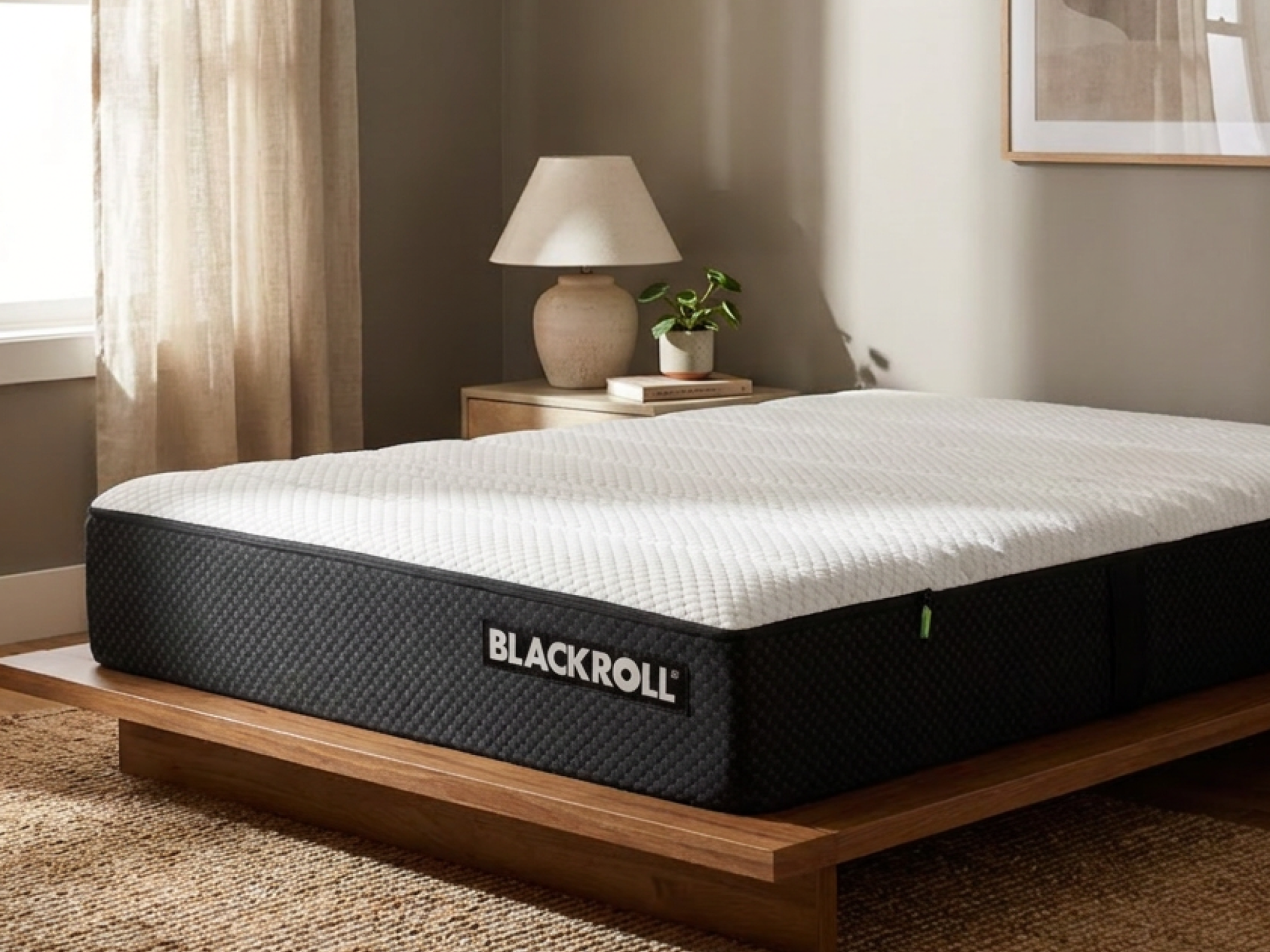 Ein ruhiges Schlafzimmer mit einer weißen BLACKROLL Matratze auf einem Holzplattformbett, ergänzt durch eine Lampe und eine Pflanze in warmem, beruhigendem Sonnenlicht.
