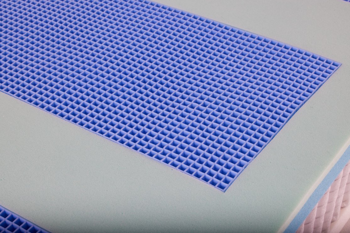 Nahaufnahme einer blauen Kunststoff-Gitterstruktur, eingebettet in eine hellgrüne Schaumstoffmatte. Sichtbare rosa und blaue Schichten an den Rändern erzeugen eine saubere, technische Optik.