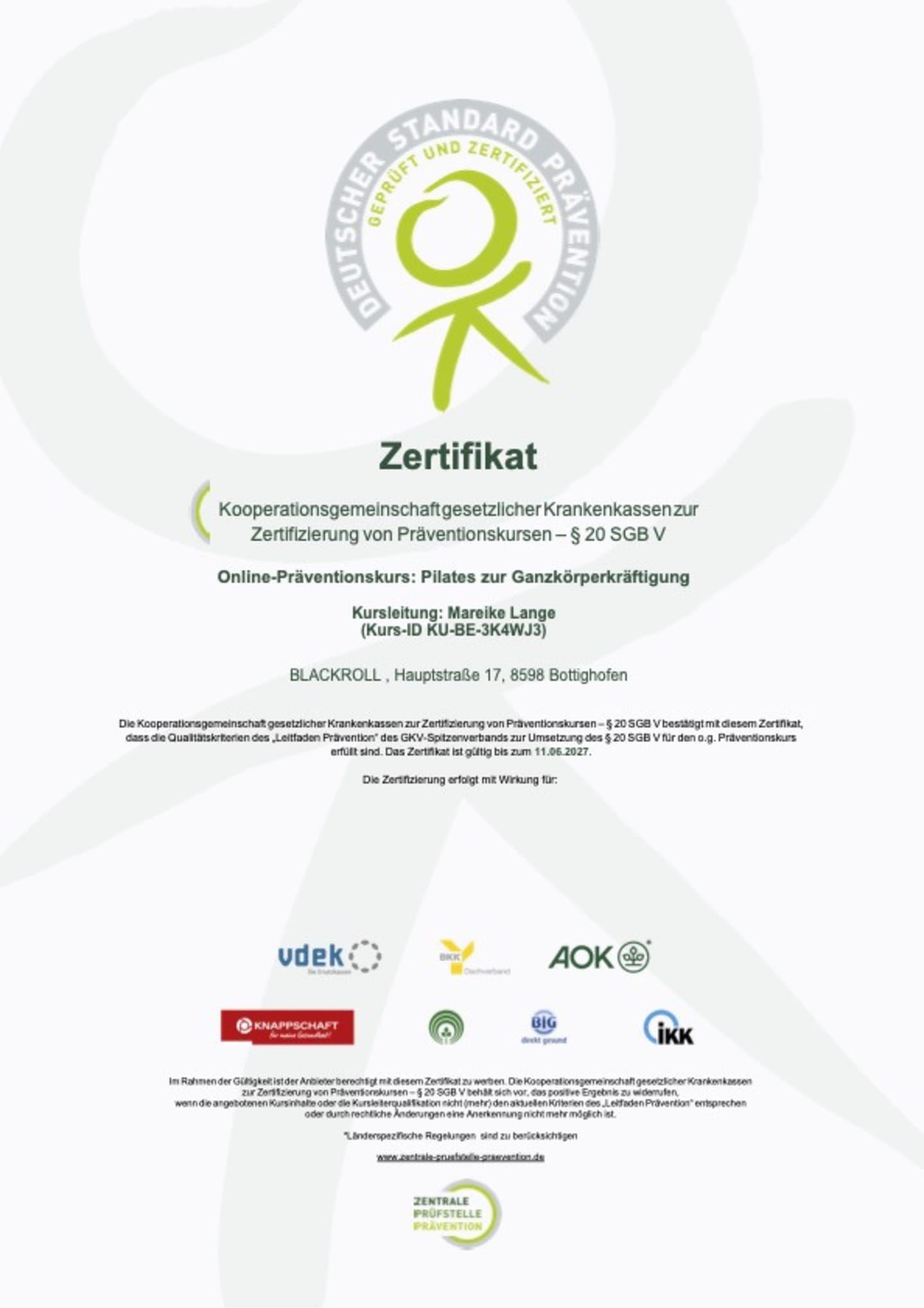 Zertifikat Präventionskurs