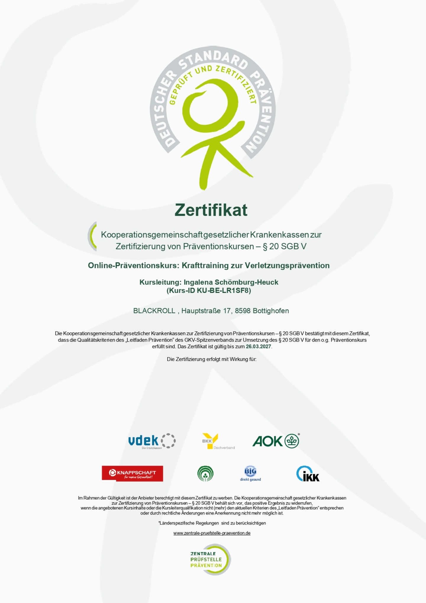 Zertifikat Präventionskurs
