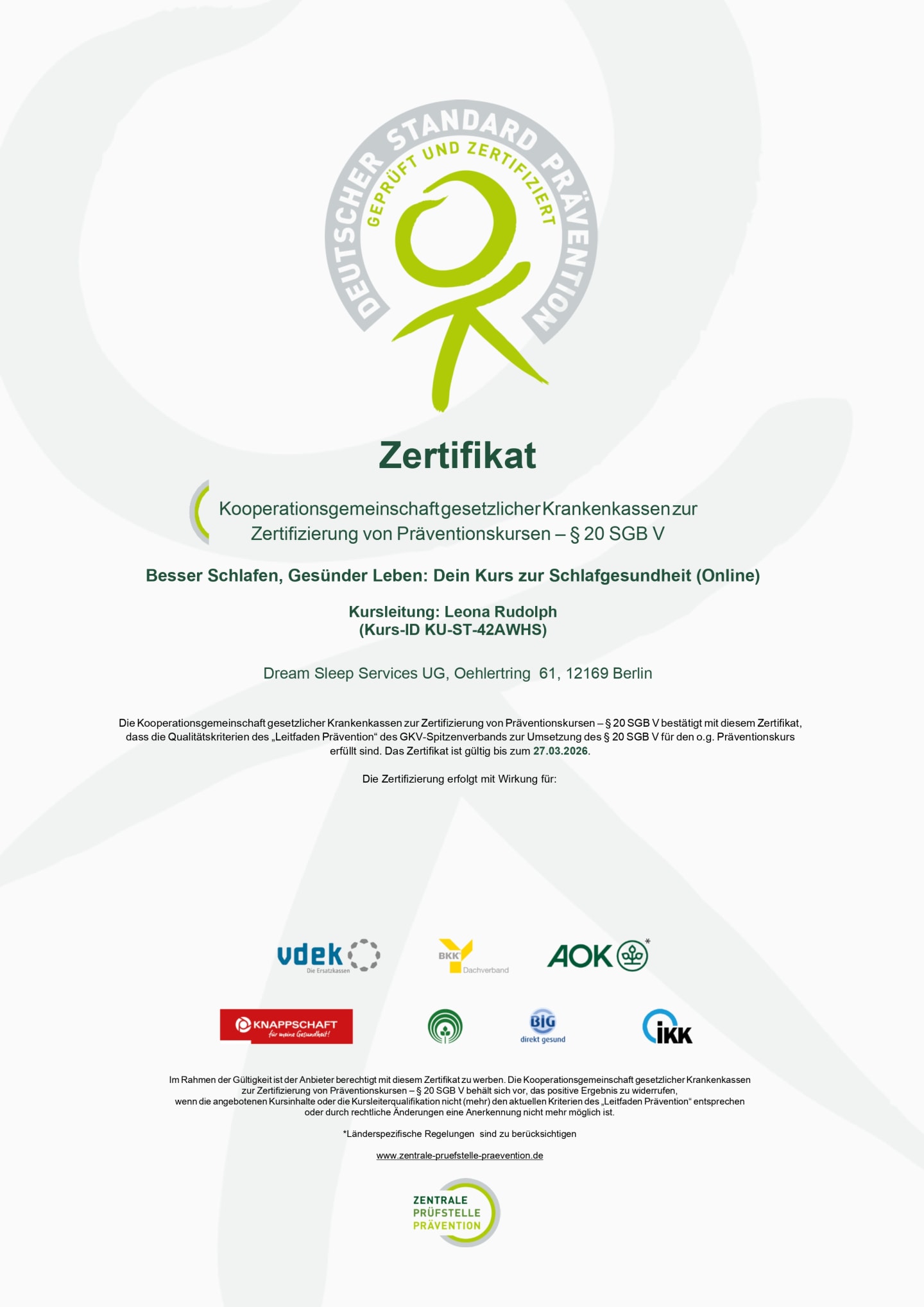 Zertifikat Präventionskurs