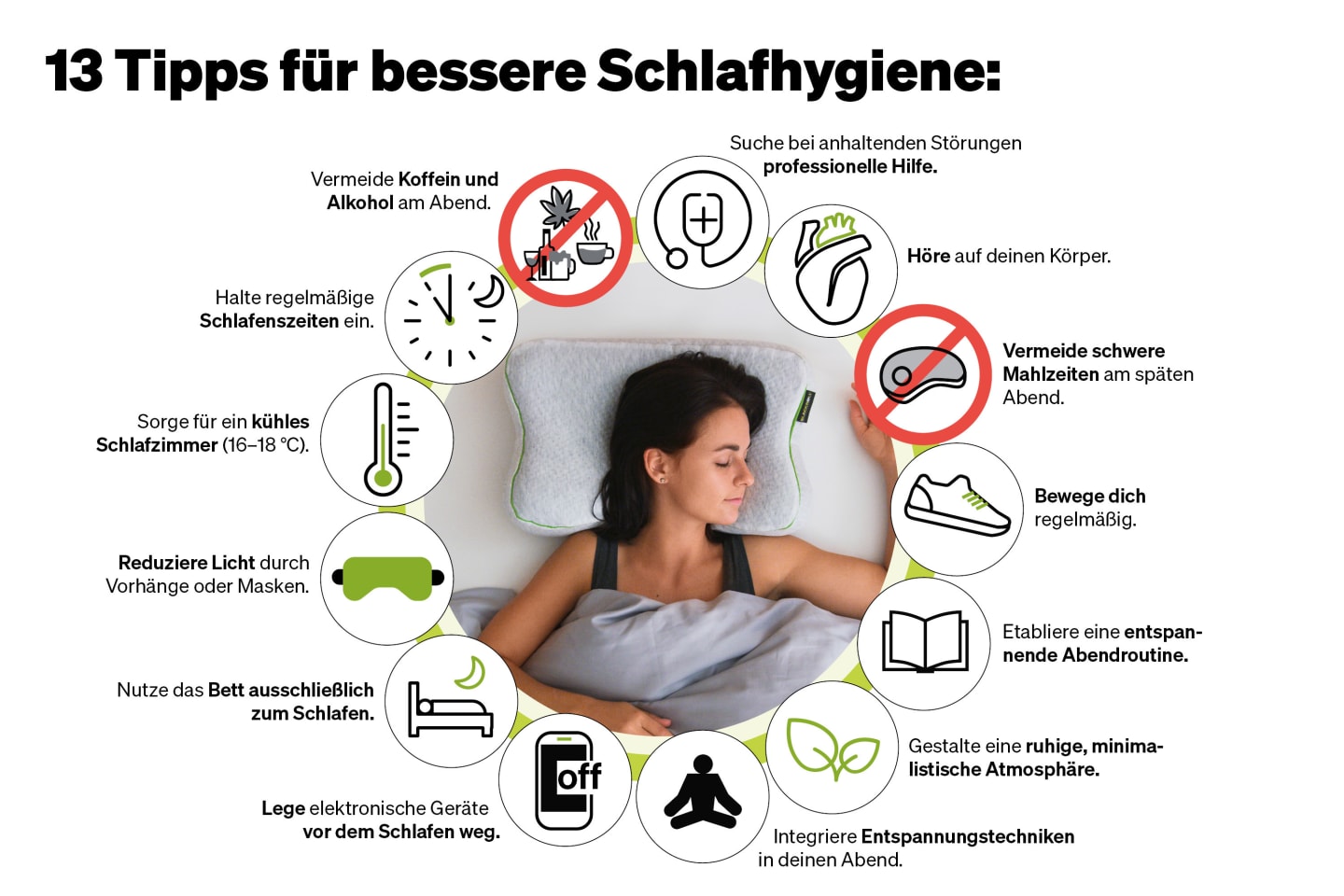 Eine Frau liegt im Bett mit einem Schild, das 13 Tipps für eine bessere Schlafhygiene zeigt.