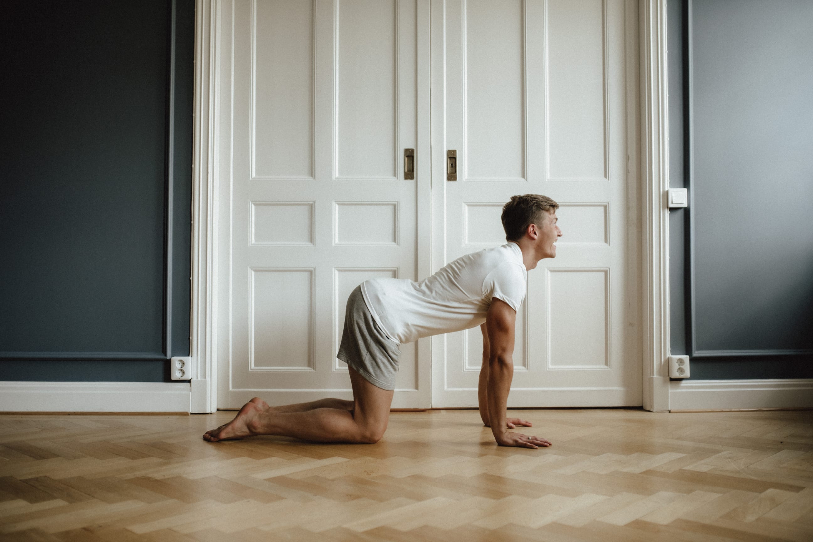 Cow: In the opposite direction, move the spine into a hollow back, also segment by segment.