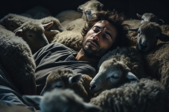 Schlafender Mann zwischen Schafen